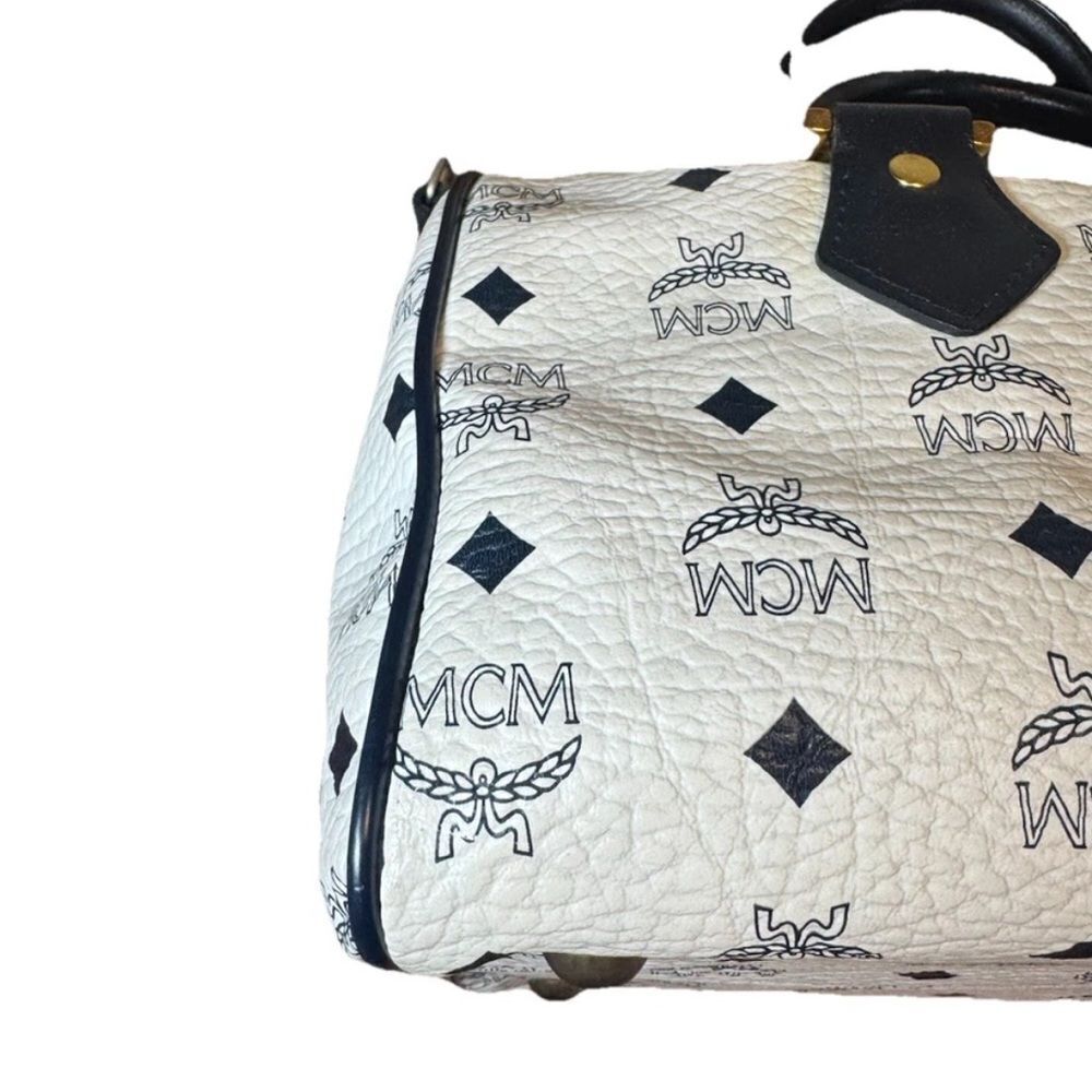 MCM Navy Blue & White Coated Canvas Viestos 2way Boston Bag Auth Vtg - Picture 12 of 16